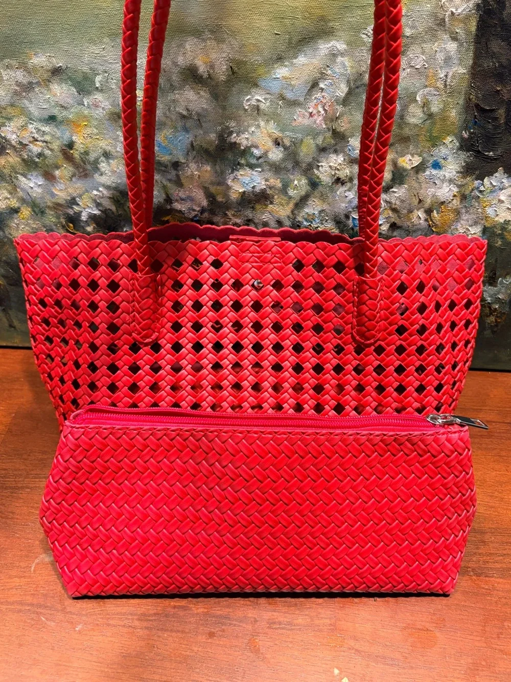 Red Woven Tote Bag - Women's Shoulder Bag